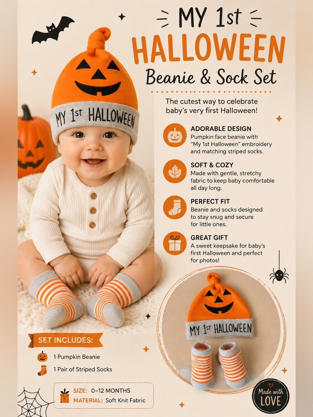 My 1st Halloween Baby Hat & Socks Set - Orange Pumpkin